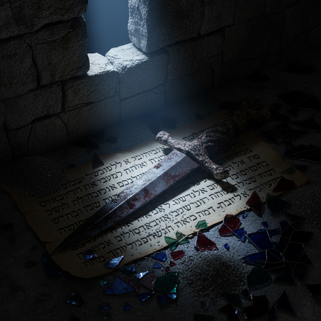 alt text: "Sword with red stains on it, lying on a scroll with Hebrew text, surrounded by shards of broken glass in simula...
