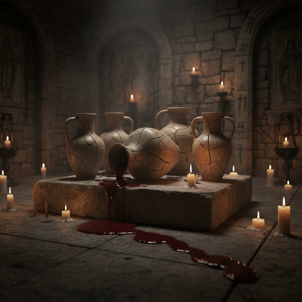 A dimly lit stone chamber with four clay vessels, one spilling blood-like liquid onto stone; Small candles scattered about...