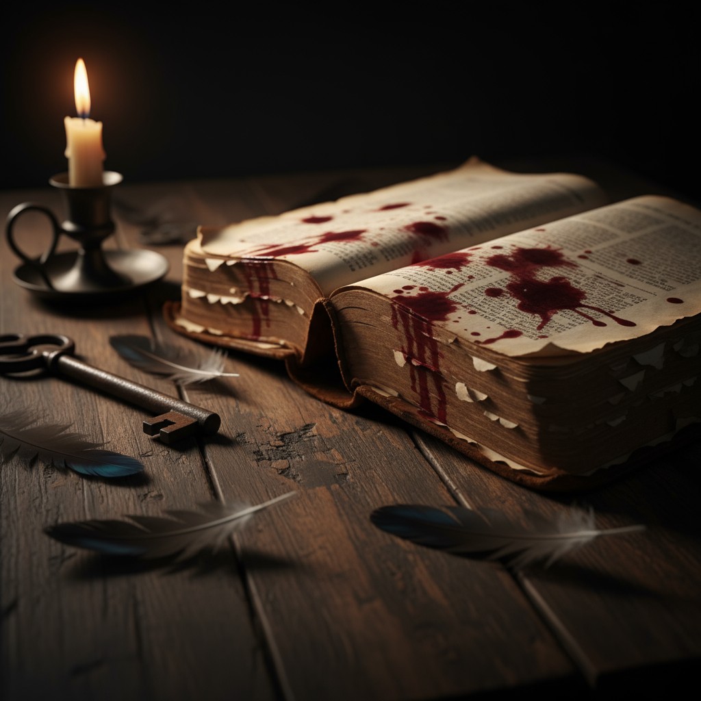 A darkly lit room scene features a bleeding book, a candle, and an antique key lying on a wooden table. A symbol of the ma...