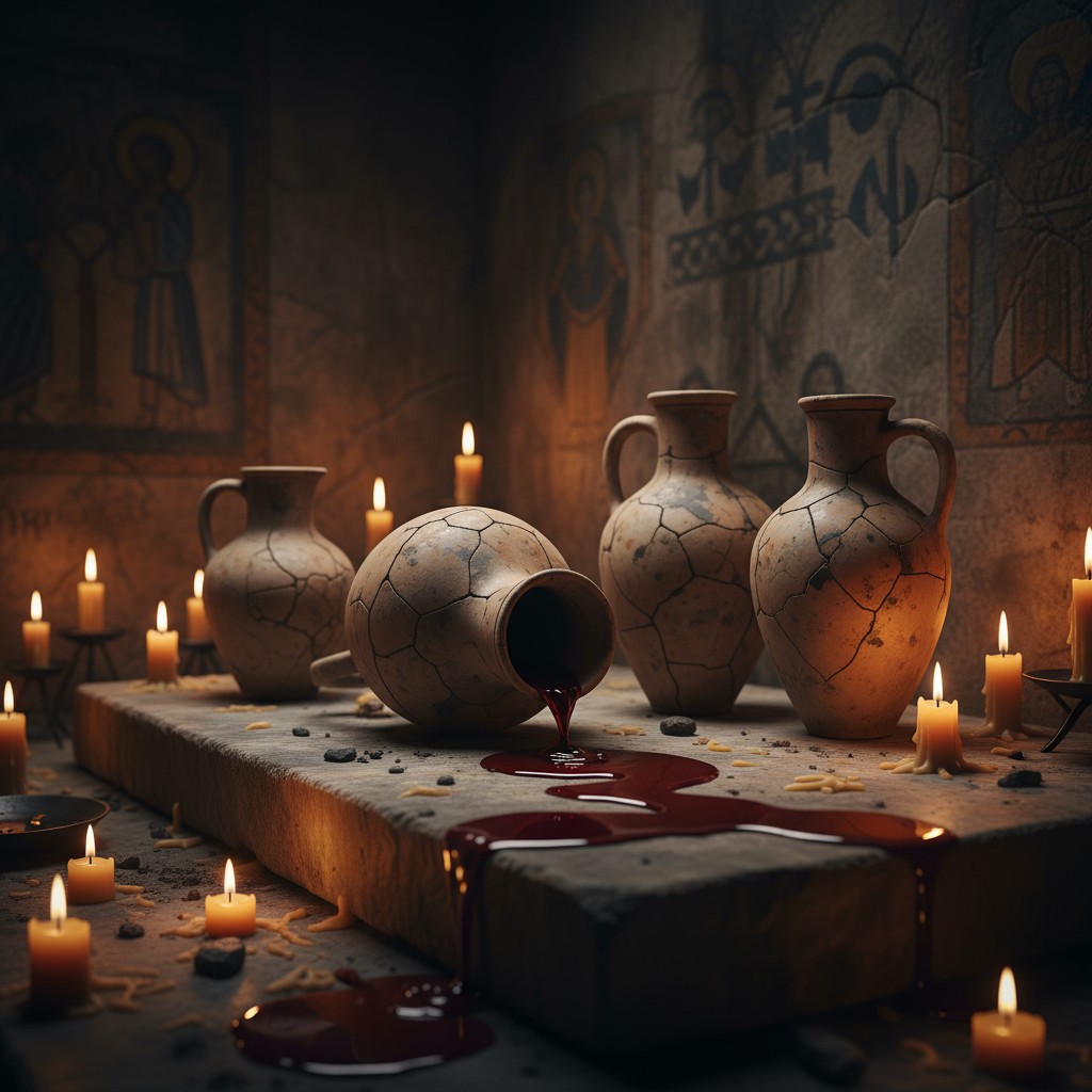 A dimly lit ancient chamber, illuminated by flickering candles casting eerie shadows on stone walls, in which the jug lies...